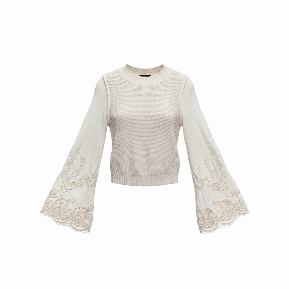 Anthropologie Floral Embroidered‎ Bell Sleeve Sweater Small Ivory Lace Boho Top